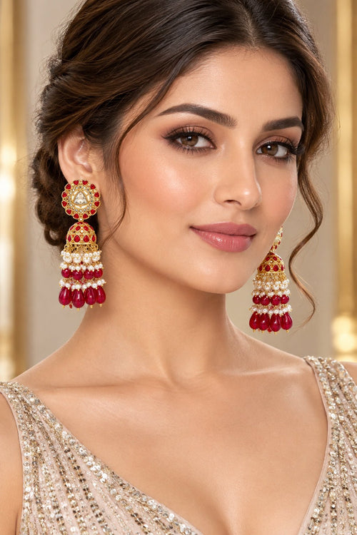 Royal Ruby Kundan Pearl Jhumka Earrings – Ethnic Statement Earrings - Sweetheart Jewel