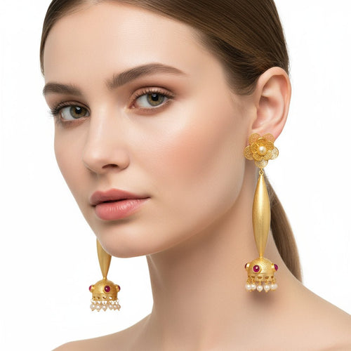 Scarlet Majesty Bollywood Jhumka – Gold & Pearl Earrings - Sweetheart Jewel