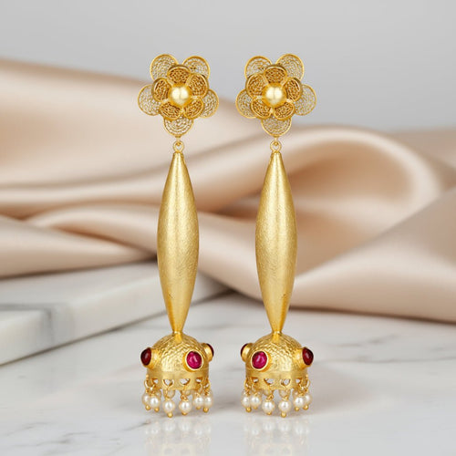 Scarlet Majesty Bollywood Jhumka – Gold & Pearl Earrings - Sweetheart Jewel