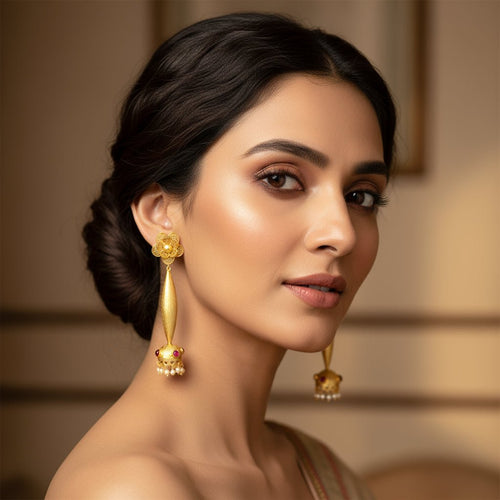 Scarlet Majesty Bollywood Jhumka – Gold & Pearl Earrings - Sweetheart Jewel