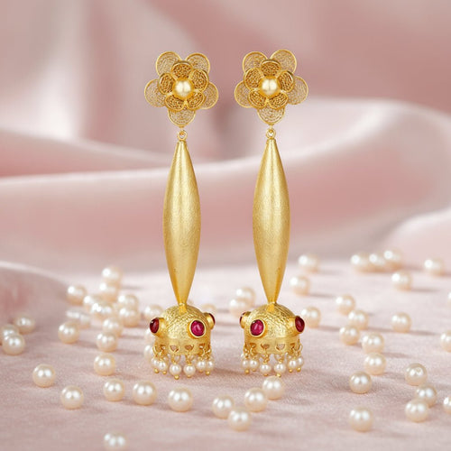 Scarlet Majesty Bollywood Jhumka – Gold & Pearl Earrings - Sweetheart Jewel