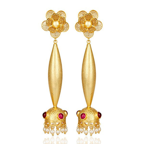 Scarlet Majesty Bollywood Jhumka – Gold & Pearl Earrings - Sweetheart Jewel