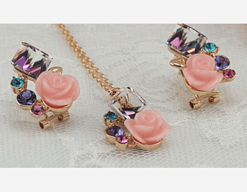 Transparent Cubic Roses Gold Necklace and Earrings Set - Sweetheart Jewel