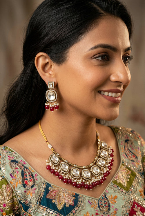 Crimson Palace Statement Necklace & Earrings Set – Indo-Western Jewelry