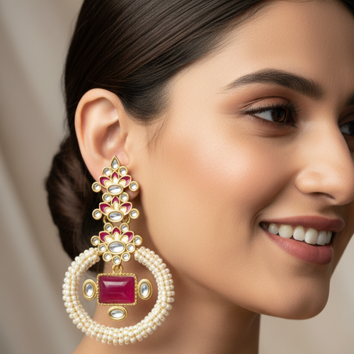 A pair of ornate gold-toned statement earrings with intricate floral motifs, white pearl-like beadwork in circular loops, and rectangular magenta-pink stone centers, shown on a clean white background.