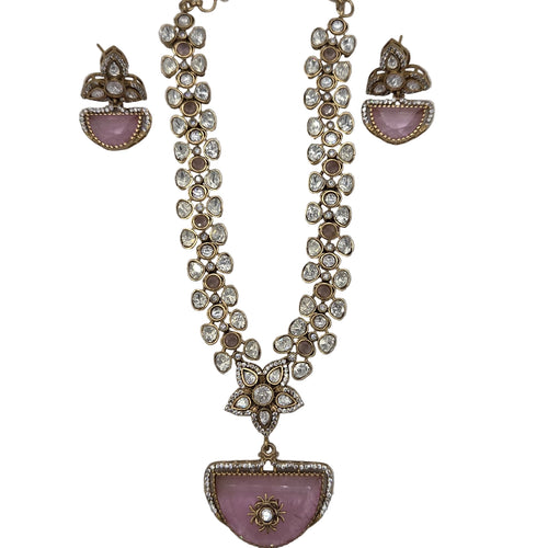 Designer Gold Plated Necklace & Earrings Set with Moissanite Stone -Bridal/Party Jewelry