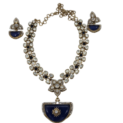 Designer Gold Plated Necklace & Earrings Set with Moissanite Stone -Bridal/Party Jewelry
