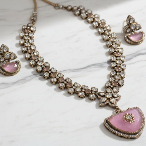 Designer Gold Plated Necklace & Earrings Set with Moissanite Stone - Bridal/Party Jewelry - Sweetheart Jewel