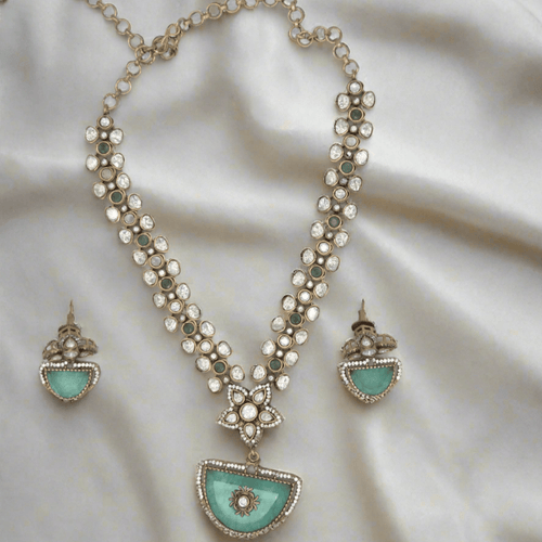 Designer Gold Plated Necklace & Earrings Set with Moissanite Stone - Bridal/Party Jewelry - Sweetheart Jewel