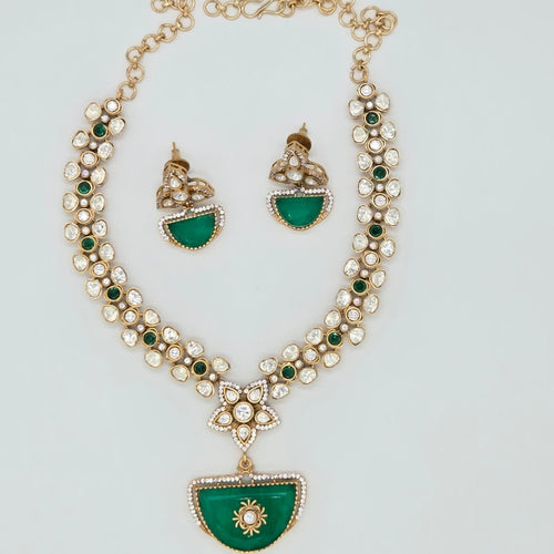 Designer Gold Plated Necklace & Earrings Set with Moissanite Stone - Bridal/Party Jewelry - Sweetheart Jewel
