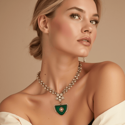 Designer Gold Plated Necklace & Earrings Set with Moissanite Stone - Bridal/Party Jewelry - Sweetheart Jewel