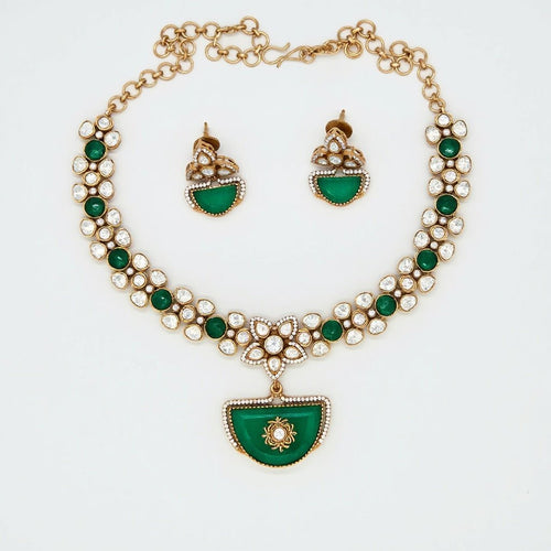 Designer Gold Plated Necklace & Earrings Set with Moissanite Stone - Bridal/Party Jewelry - Sweetheart Jewel