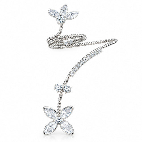 EverBloom Crystal Floral Statement Ring- A silver-toned floral jewelry piece featuring two flower motifs  - Sweetheart Jewel