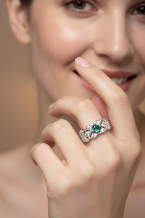 Green Gem Decorate Cubic Zirconia Braid Design Fashion Ring - Sweetheart Jewel