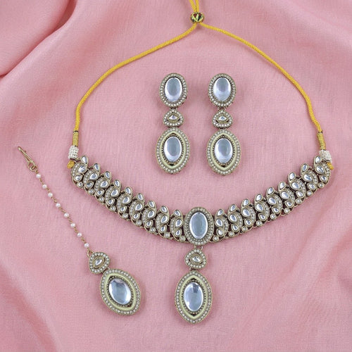 Moonlit Palace Necklace, Earrings & Tikka Set - Indo Western Jewelry - Sweetheart Jewel