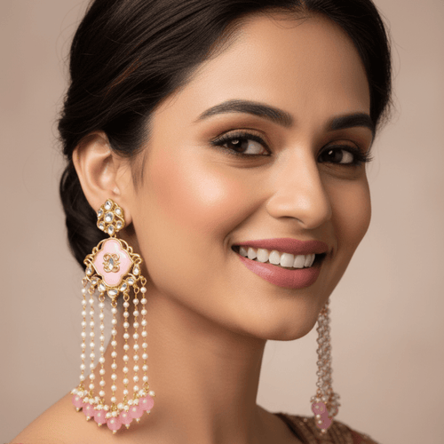 A pair of ornate gold-tone dangle earrings with pink enamel floral centers, white faux pearl bead chains, and pink bead drops, displayed on a solid pink background.