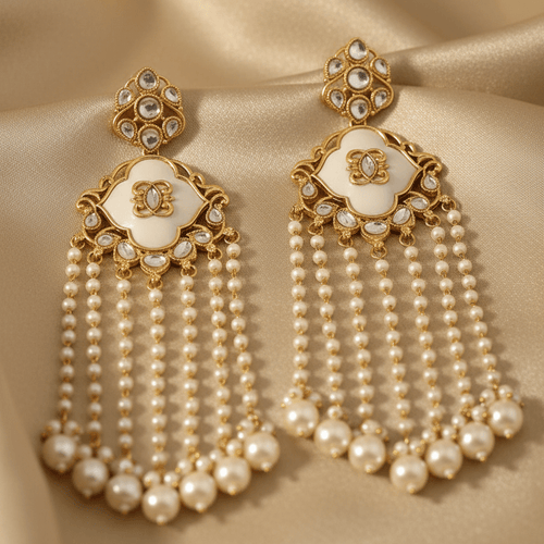 Noor Mahal Pearl Tassel Earrings – Indo-Western Statement Jewelry - Sweetheart Jewel