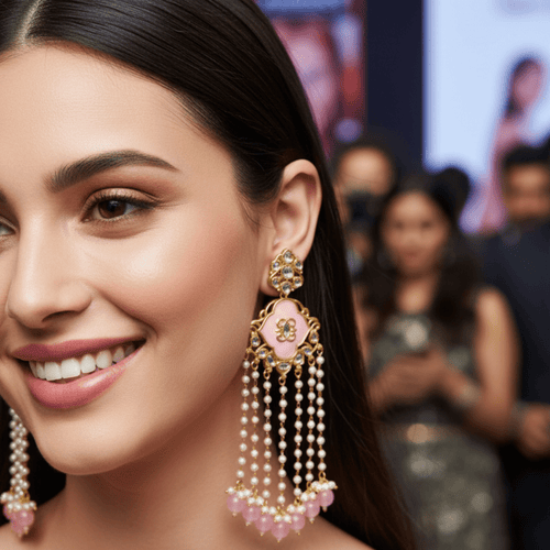 A pair of ornate gold-tone dangle earrings with pink enamel floral centers, white faux pearl bead chains, and pink bead drops, displayed on a solid pink background.