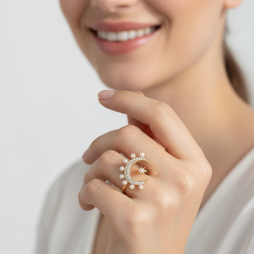 Pearl Decorated Moon and Star Ring - Sweetheart Jewel