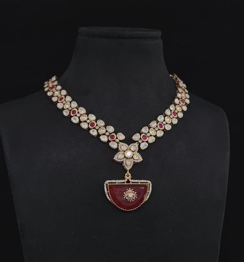 Designer Gold Plated Necklace & Earrings Set with Moissanite Stone -Bridal/Party Jewelry