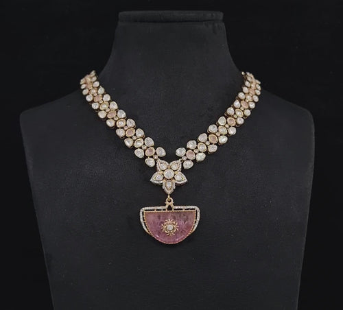 Designer Gold Plated Necklace & Earrings Set with Moissanite Stone -Bridal/Party Jewelry