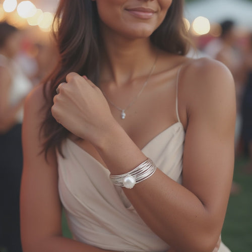 Moonlit Grace Pearl Bracelet – Multi Silver Wire Elegance