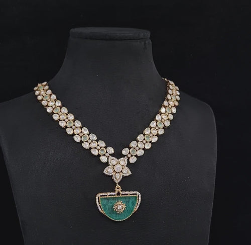 Designer Gold Plated Necklace & Earrings Set with Moissanite Stone -Bridal/Party Jewelry