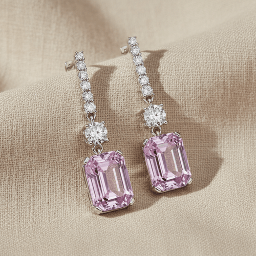 Radiant Emerald - Cut High Carbon Diamond - Platinum Plated Crystal Drop Earrings - Sweetheart Jewel