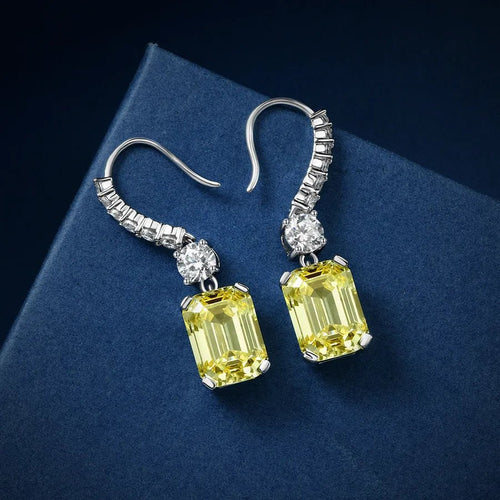 Radiant Emerald - Cut High Carbon Diamond - Platinum Plated Crystal Drop Earrings - Sweetheart Jewel