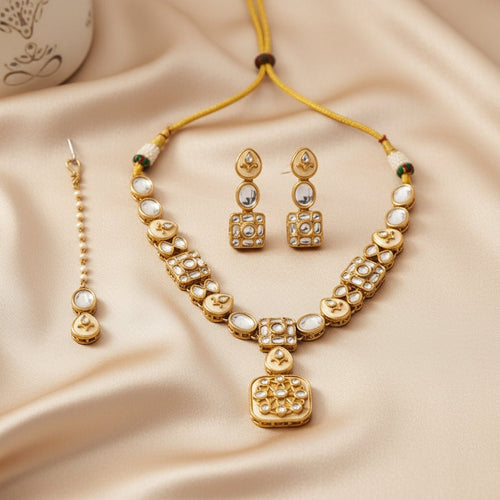 Rajvi Kundan Jewelry Set – Necklace, Earrings & Tikka - Indo-Western Jewelry - Sweetheart Jewel