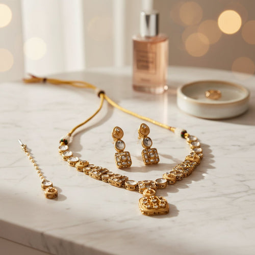 Rajvi Kundan Jewelry Set – Necklace, Earrings & Tikka - Indo-Western Jewelry - Sweetheart Jewel