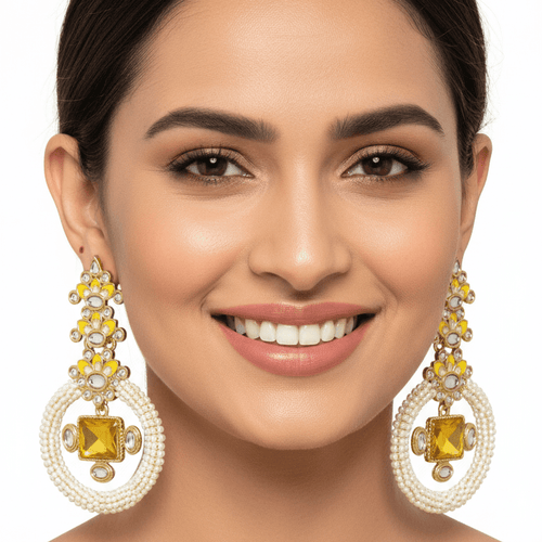 Rang Mahal Kundan Pearl Chandbali Earrings – Indo-Western Statement Jewelry - Sweetheart Jewel