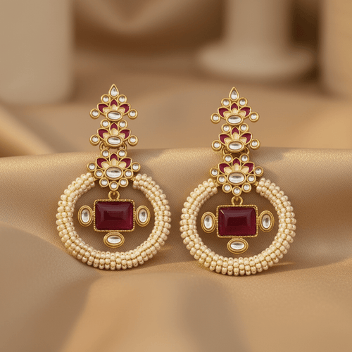 Rang Mahal Kundan Pearl Chandbali Earrings – Indo-Western Statement Jewelry - Sweetheart Jewel