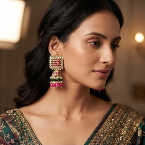 Rangrez Kundan Jhumka Earrings – Pearl & Bead Statement Earrings - Sweetheart Jewel