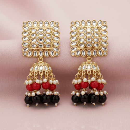 Rangrez Kundan Jhumka Earrings – Pearl & Bead Statement Earrings - Sweetheart Jewel