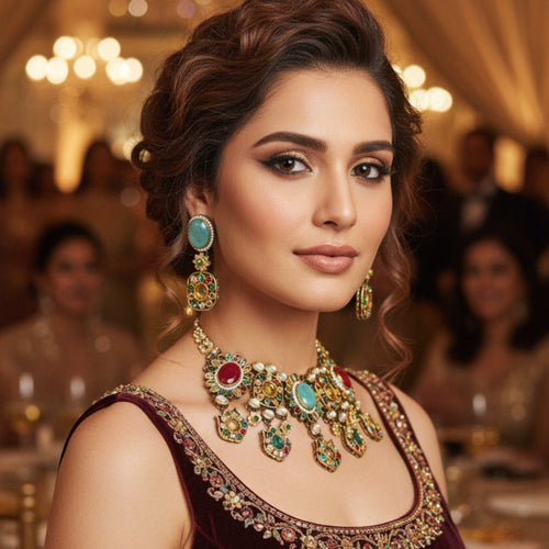 Royal Bloom Gold Plated Kundan Choker Necklace & Earring – Sabyasachi Inspired Bridal - Party Jewelry - Sweetheart Jewel