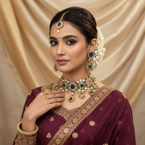 Royal Bloom Gold Plated Kundan Choker Necklace & Earring – Sabyasachi Inspired Bridal - Party Jewelry - Sweetheart Jewel
