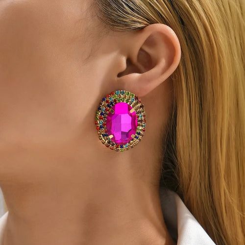 Royal Prismatic Oval Zircon Halo Stud Earrings - Sweetheart Jewel