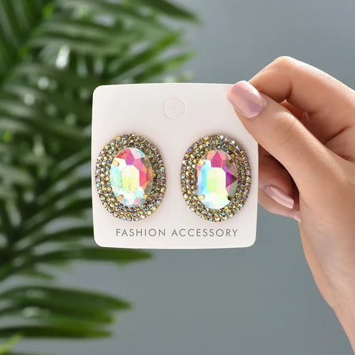 Royal Prismatic Oval Zircon Halo Stud Earrings - Sweetheart Jewel