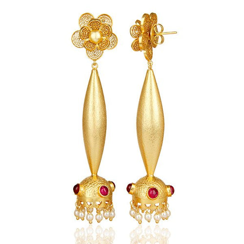 Scarlet Majesty Bollywood Jhumka – Gold & Pearl Earrings - Sweetheart Jewel